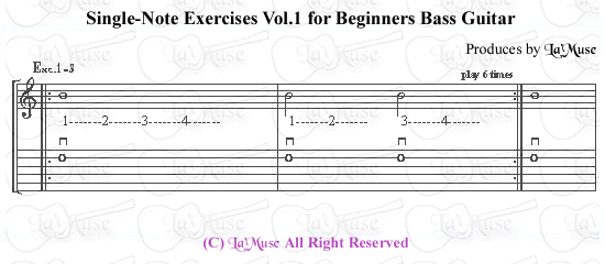 ラミューズの音楽帳第6集 ベースギター初心者の為のシングル・ノート エキササイズ  Vol 1-1の画像